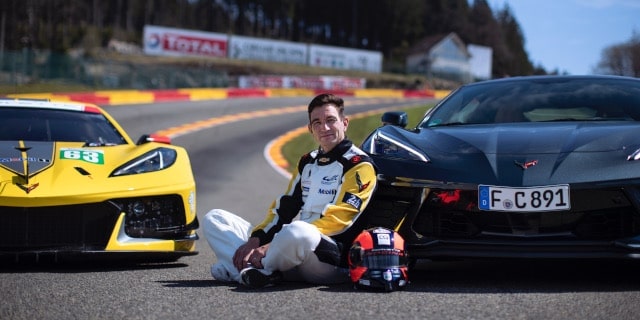Oliver Gavin with the all-new Corvette Stingray and the C8R race car
